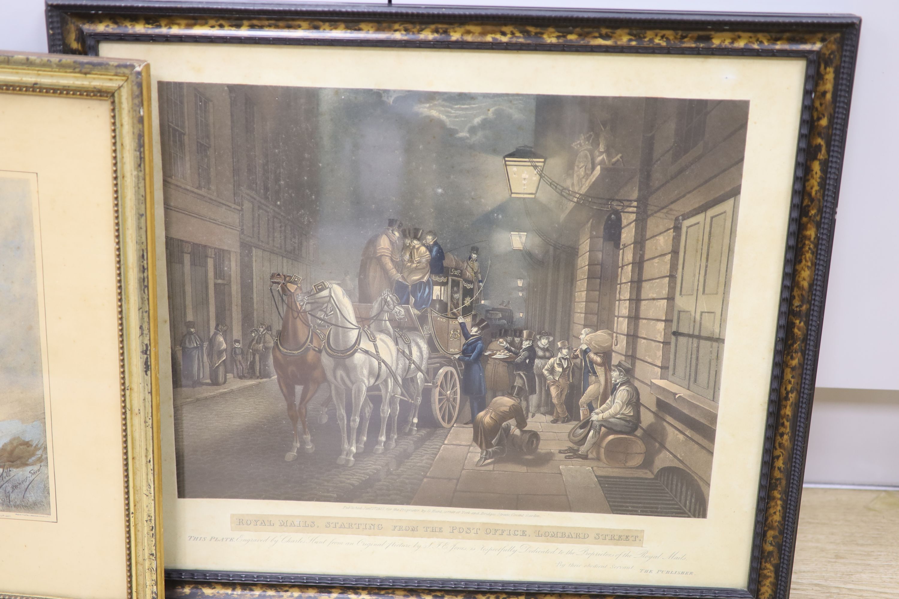 Hunt after Jones, coloured aquatint, Royal Mails starting from The Post Office, Lombard Street, 1827, 35 x 44cm, and a photo-tint of a racehorse trainer, Archibald Tilt, 28 x 16cm